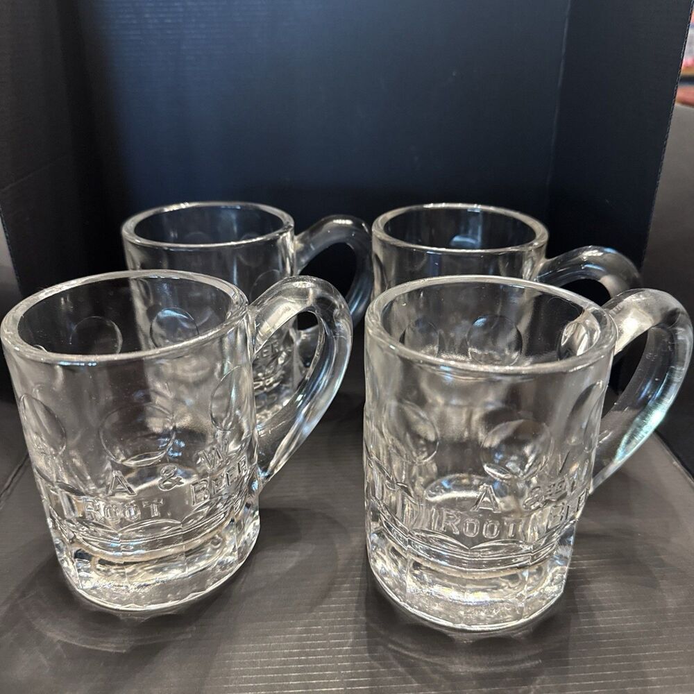 Vintage 1948-1958 A&W Root Beer Embossed Clear Glass Mug 4 1/4" Tall "Dog Ear "